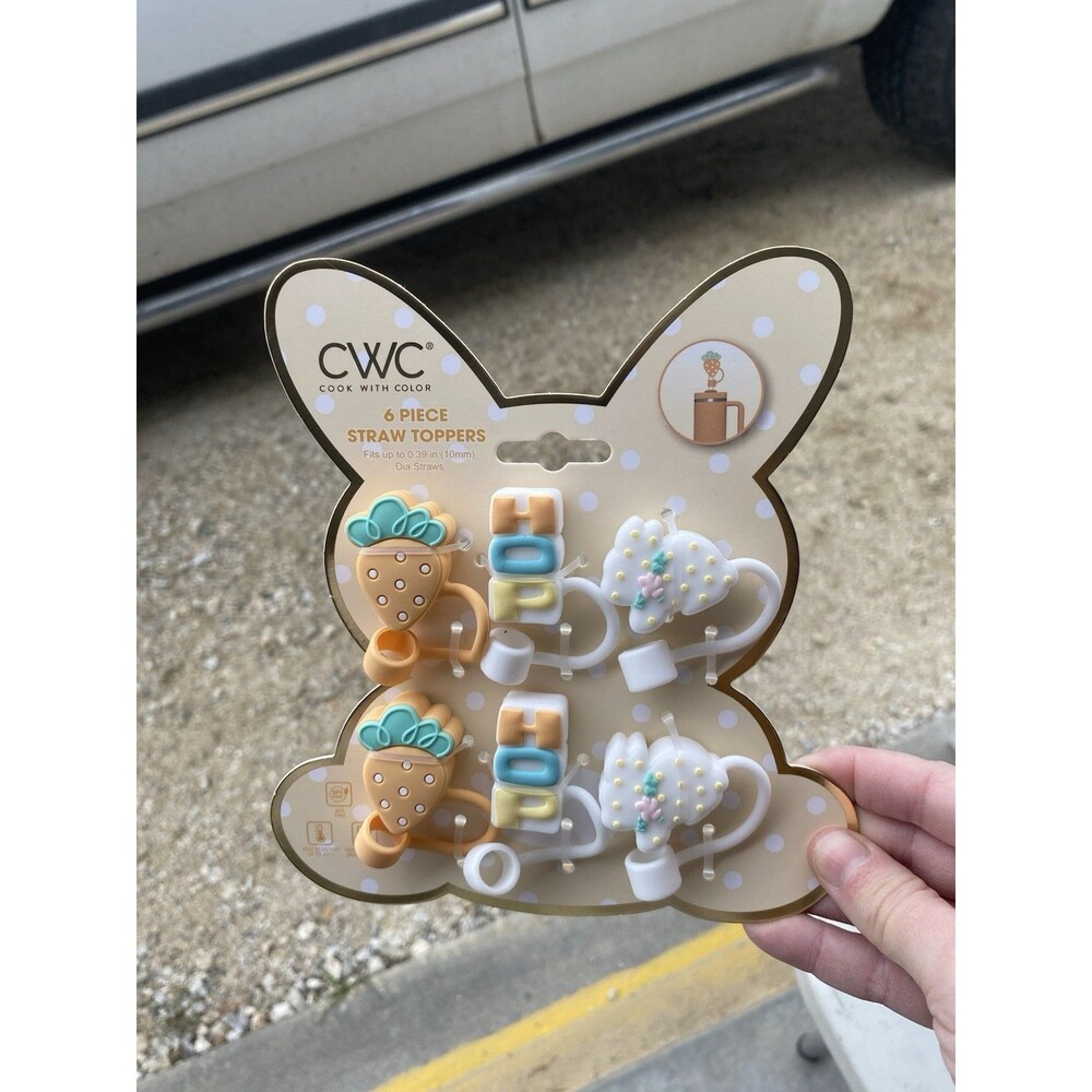 CWC Cook With Color Easter Straw Toppers Set 6ct Silicone Bunny Strawberry 10mm